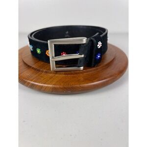 Womens Black Suede Leather Beaded Flower Belt Embellishment Silver Buckle XL‎